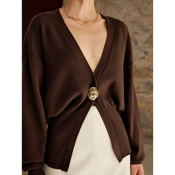 Commense Chocolate Brown Gold Button Stretch Elegant Cardigan Medium - Picture 5 of 8